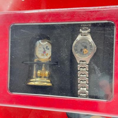 LOT 81B: NIP Disney Hallmark Keepsake Mickey Mouse Pocket Watch, NIP Mickey Watch & Mantle Clock Set & Cinderella's Coach