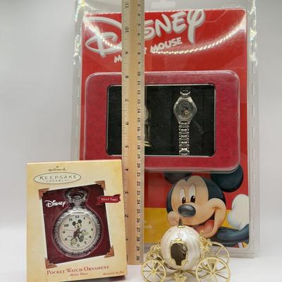 LOT 81B: NIP Disney Hallmark Keepsake Mickey Mouse Pocket Watch, NIP Mickey Watch & Mantle Clock Set & Cinderella's Coach
