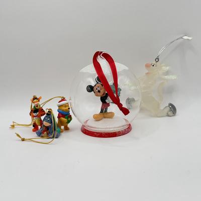 LOT 84B: Disney Christmas Ornaments - Mickey Mouse w/ Gift in Glass Ball, Mini Winnie the Pooh Characters & Glass Ice Skating Tigger