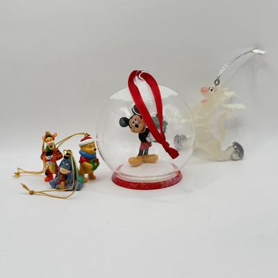 LOT 84B: Disney Christmas Ornaments - Mickey Mouse w/ Gift in Glass Ball, Mini Winnie the Pooh Characters & Glass Ice Skating Tigger