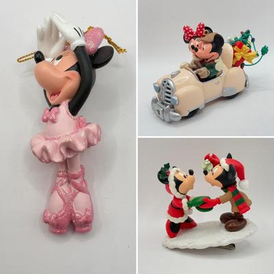 LOT 90B: Disney Ornaments - Minnie Mouse Ballerina, 2004 Hallmark Mickey and Minnie in Car & 2003 Hallmark Mistletoe Clip On