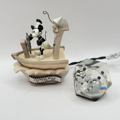 LOT 91B: 2003 Disney Hallmark Keepsake Steamboat Willie Magic Ornament & Mickey Mouse Steamboat Willie Faceted Acrylic Lucite...
