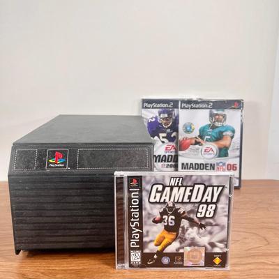 LOT 145B: Playstation Game Storage Box w/ PS1 NFL Gameday '98 & PS2 Games - Madden 2005 & 2006