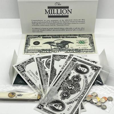 LOT 190J: Currency Collector Lot: Million Dollar Bill, Movie Money, Mini Coins and Pocket Knife
