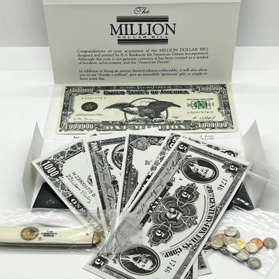 LOT 190J: Currency Collector Lot: Million Dollar Bill, Movie Money, Mini Coins and Pocket Knife