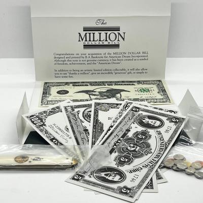 LOT 190J: Currency Collector Lot: Million Dollar Bill, Movie Money, Mini Coins and Pocket Knife