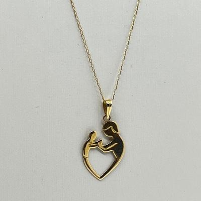 LOT 195J: 14K Yellow Gold 17" Chain and "Mother & Child" Heart Pendant