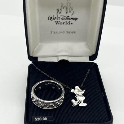 LOT 209J: Sterling Mickey Mouse Size 8.5 Ring and Sterling 18" Chain with Mickey Mouse Charm-7.93 Grams