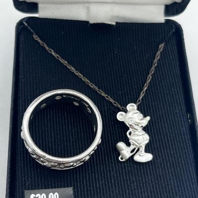 LOT 209J: Sterling Mickey Mouse Size 8.5 Ring and Sterling 18" Chain with Mickey Mouse Charm-7.93 Grams