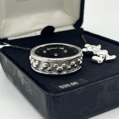 LOT 209J: Sterling Mickey Mouse Size 8.5 Ring and Sterling 18" Chain with Mickey Mouse Charm-7.93 Grams