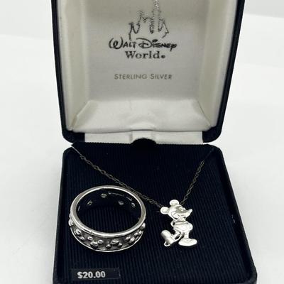 LOT 209J: Sterling Mickey Mouse Size 8.5 Ring and Sterling 18" Chain with Mickey Mouse Charm-7.93 Grams