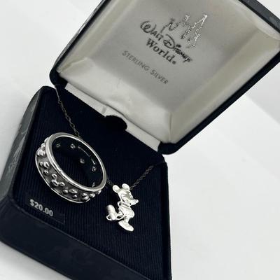 LOT 209J: Sterling Mickey Mouse Size 8.5 Ring and Sterling 18" Chain with Mickey Mouse Charm-7.93 Grams