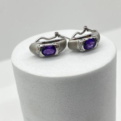 LOT 213J: 14K White Gold and Purple Gemstone Pierced Earrings-4.54 GTW