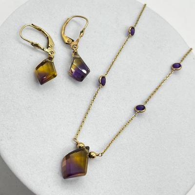 LOT 215J: 14K Yellow Gold Earrings and 16" Necklace with Beautiful Two Toned Gemstones