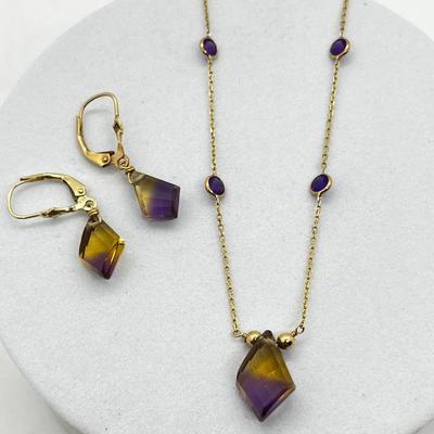 LOT 215J: 14K Yellow Gold Earrings and 16" Necklace with Beautiful Two Toned Gemstones