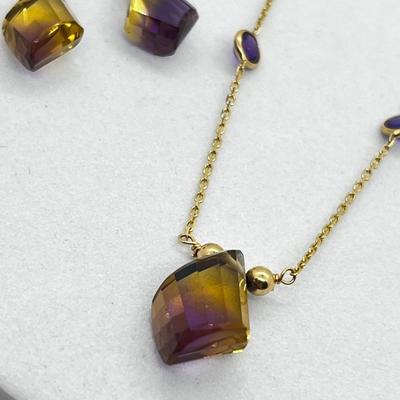 LOT 215J: 14K Yellow Gold Earrings and 16" Necklace with Beautiful Two Toned Gemstones