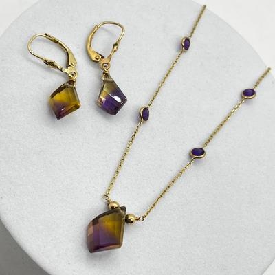 LOT 215J: 14K Yellow Gold Earrings and 16" Necklace with Beautiful Two Toned Gemstones