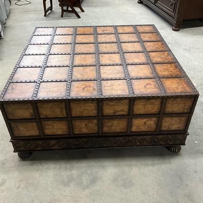Lot P 655 Extra Large World Map Decorated “ Trunk Like “ Footed Coffee Table with Two Drawers