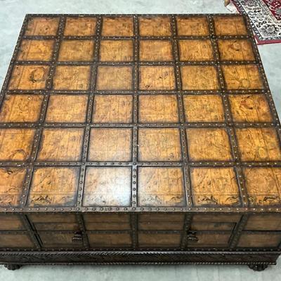 Lot P 655 Extra Large World Map Decorated “ Trunk Like “ Footed Coffee Table with Two Drawers