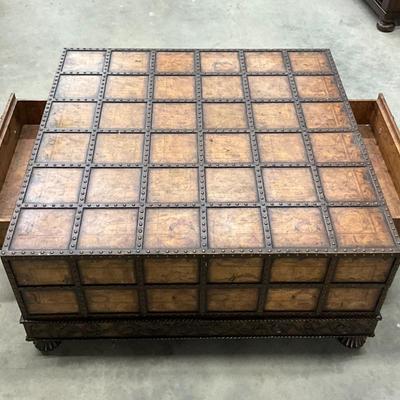 Lot P 655 Extra Large World Map Decorated “ Trunk Like “ Footed Coffee Table with Two Drawers