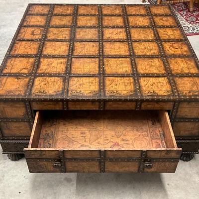 Lot P 655 Extra Large World Map Decorated “ Trunk Like “ Footed Coffee Table with Two Drawers