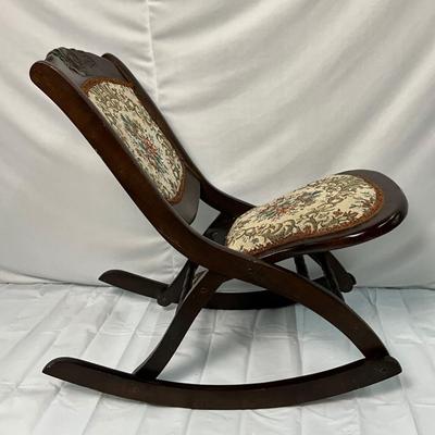 Lot P 660 Vintage Folding Sewing/Nursery Wooden Rocking Chair with Floral Tapestry Upholstery Back/Seat