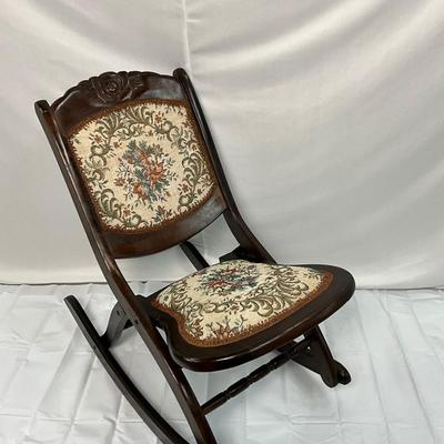 Lot P 660 Vintage Folding Sewing/Nursery Wooden Rocking Chair with Floral Tapestry Upholstery Back/Seat