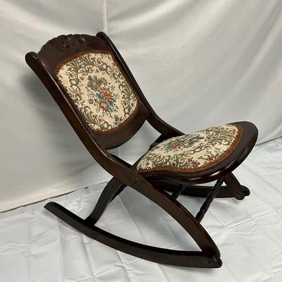 Lot P 660 Vintage Folding Sewing/Nursery Wooden Rocking Chair with Floral Tapestry Upholstery Back/Seat