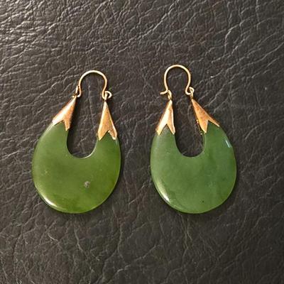 Vintage Spinach Jade With Gold Plate Earrings
