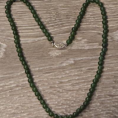 Sterling Clasp Spinach Jade Beaded Necklace