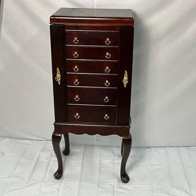 Lot P 669 Six Drawer Wooden Floor Standing Jewelry Armoire with Mirrored Lid and Wing-Open Sides