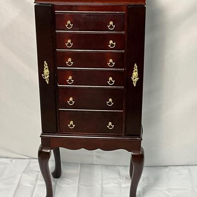 Lot P 669 Six Drawer Wooden Floor Standing Jewelry Armoire with Mirrored Lid and Wing-Open Sides
