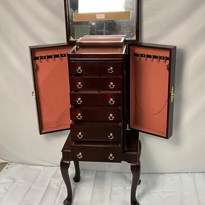 Lot P 669 Six Drawer Wooden Floor Standing Jewelry Armoire with Mirrored Lid and Wing-Open Sides