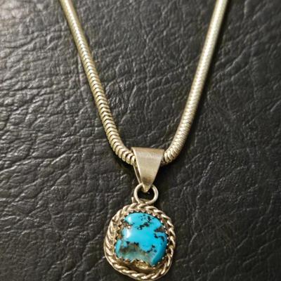 Signed Sterling Silver Necklace with a Turquoise Signed Pendant