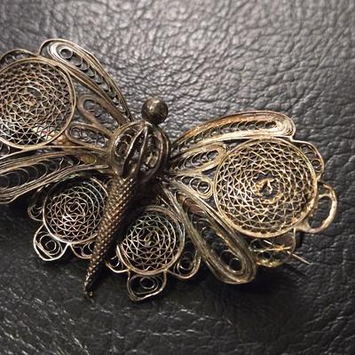 Antique Sterling Silver Large Filigree Butterfly Brooch