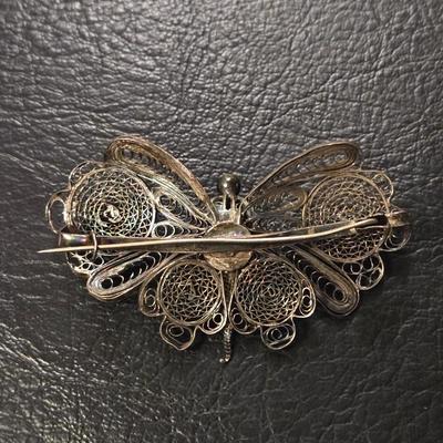Antique Sterling Silver Large Filigree Butterfly Brooch