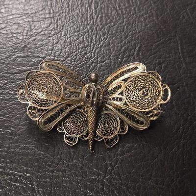 Antique Sterling Silver Large Filigree Butterfly Brooch
