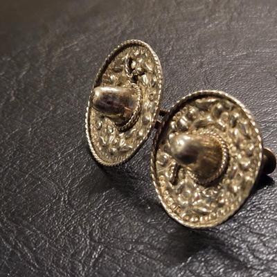 Vintage Sterling Silver Sombrero Screwback Earrings & Carved Mother of Pearl Ship Wheel Clip Ons