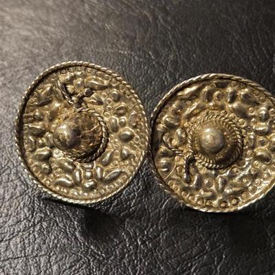 Vintage Sterling Silver Sombrero Screwback Earrings & Carved Mother of Pearl Ship Wheel Clip Ons