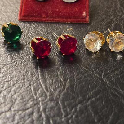 Green, Red, Clear Stud Earrings (4)