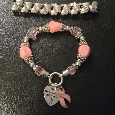 Breast Cancer Beaded Bracelet and Hearts Bracelet