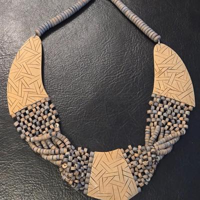 Vintage Carved Wood Tribal Necklace