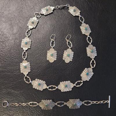 Native American Sterling Silver Turquoise Necklace, Bracelet, & Earrings Set