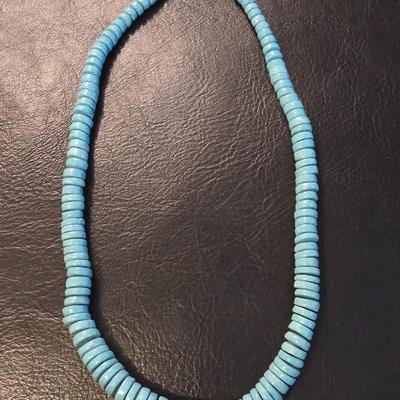 Wood Turquoise Colored Graduated Bead Necklace