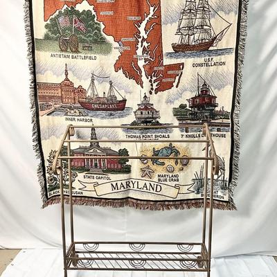 Lot P 671 Vintage Wrought Iron Quilt Rack & Maryland throw