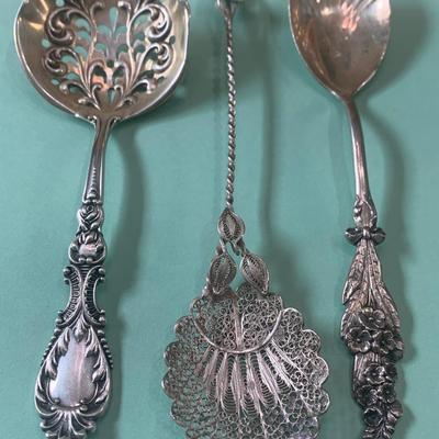 3 Ornate Filigree Sterling Silver Tomato / Sugar / Serving Spoons