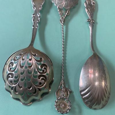 3 Ornate Filigree Sterling Silver Tomato / Sugar / Serving Spoons