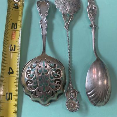 3 Ornate Filigree Sterling Silver Tomato / Sugar / Serving Spoons