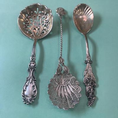 3 Ornate Filigree Sterling Silver Tomato / Sugar / Serving Spoons