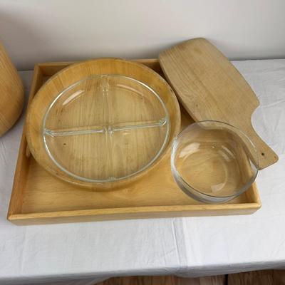 1053 Dansk Wooden Ice Bucket Tray, Cheese Board, Glass Serving Plate